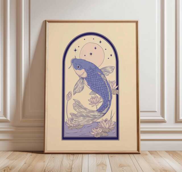 Koi Fish Wall Art, Japanese Style Poster, Blue Carp Illustration With Lotus & Moon, Zen Asian Inspired Artwork For Home Decor - image 1