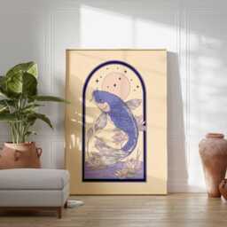 Koi Fish Wall Art, Japanese Style Poster, Blue Carp Illustration With Lotus & Moon, Zen Asian Inspired Artwork For Home Decor - thumbnail 3