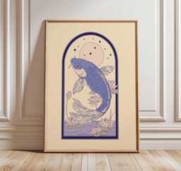 Koi Fish Wall Art, Japanese Style Poster, Blue Carp Illustration With Lotus & Moon, Zen Asian Inspired Artwork For Home Decor - thumbnail 1
