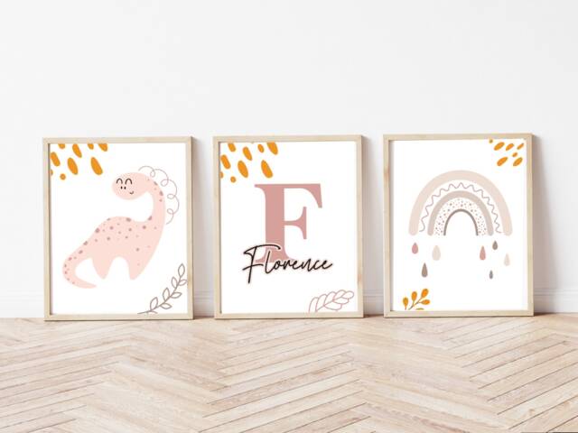 Set Of 3 Personalised Boho Pink Themed Dinosaur Prints - Nursery Gift Bedroom Girls Room Home A4 Bespoke New