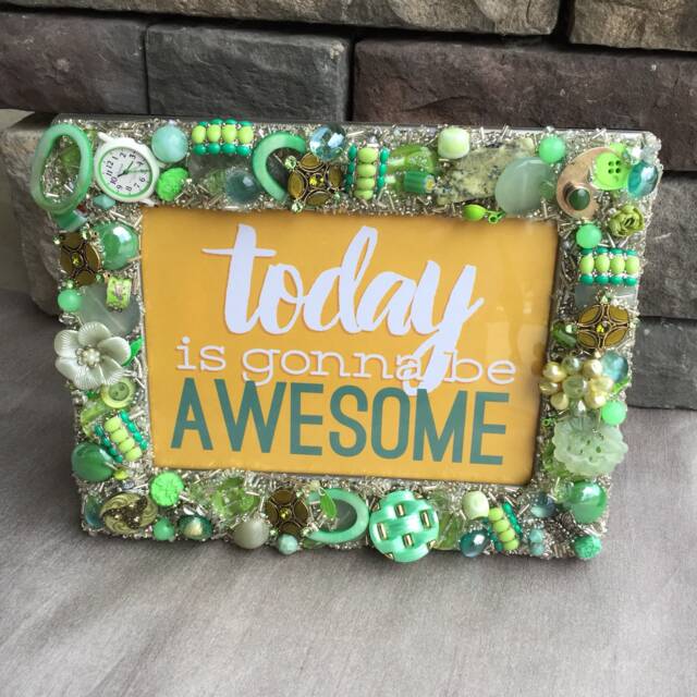 Green Jeweled Picture Frame 5x7, Handmade Mosaic Tabletop Decor - image 1