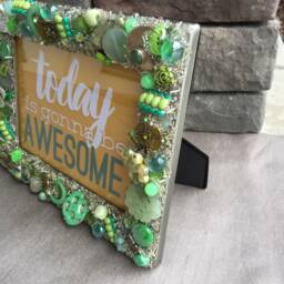Green Jeweled Picture Frame 5x7, Handmade Mosaic Tabletop Decor - thumbnail 4