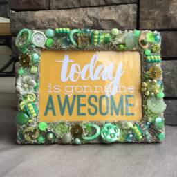Green Jeweled Picture Frame 5x7, Handmade Mosaic Tabletop Decor - thumbnail 2