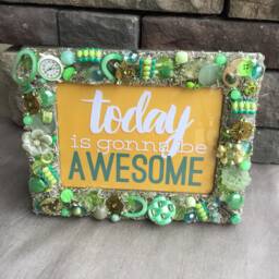 Green Jeweled Picture Frame 5x7, Handmade Mosaic Tabletop Decor - thumbnail 1