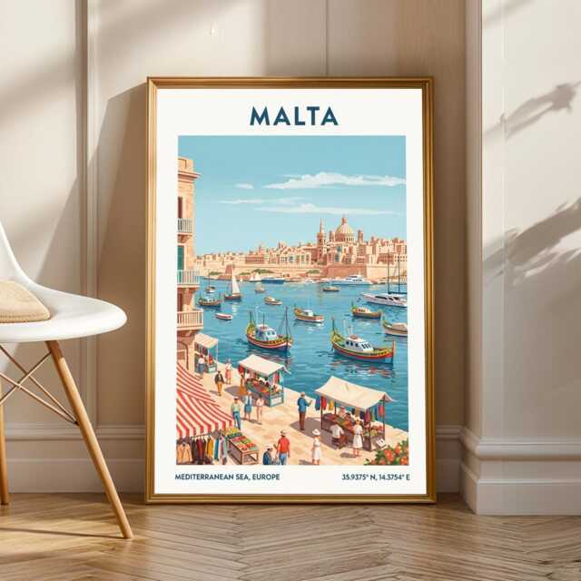 Malta Harbor Vintage Travel Poster Mediterranean Coastal Art - image 1