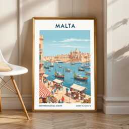 Malta Harbor Vintage Travel Poster Mediterranean Coastal Art - thumbnail 1