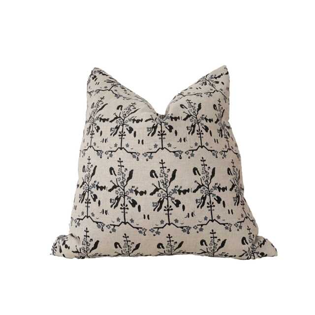 Block Print Pillow Cover, Indigo Blue & Black Floral Cover 20x20 - image 1