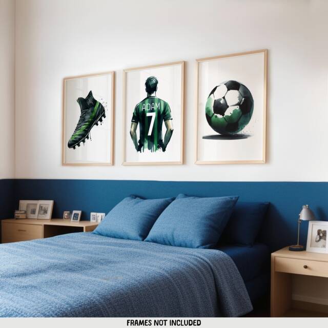 Custom Football Decor - Set Of 3 Prints - Boys Bedroom Kids Wall Art Soccer Artwork Poster Personalised Footballer Gifts Green - image 1