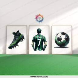 Custom Football Decor - Set Of 3 Prints - Boys Bedroom Kids Wall Art Soccer Artwork Poster Personalised Footballer Gifts Green - thumbnail 2
