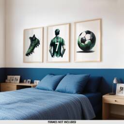 Custom Football Decor - Set Of 3 Prints - Boys Bedroom Kids Wall Art Soccer Artwork Poster Personalised Footballer Gifts Green - thumbnail 1