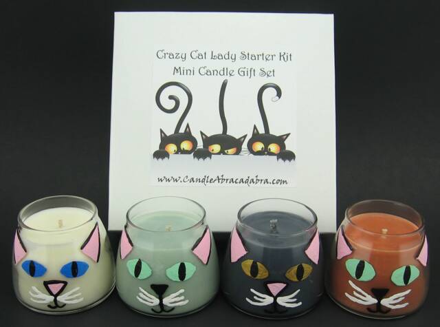 Crazy Cat Lady - Cat Guy Starter Kit Hand-Painted Kitten Mini Soy Container Candle Set - Black Cat, Blue-Grey White & Ginger - image 1