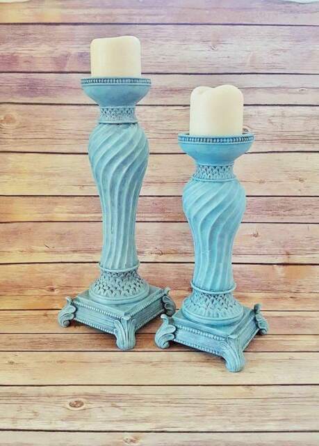 Turquoise Ornate Candle Holders - French Country Farmhouse Acanthus Leaves Ready To Ship - image 1