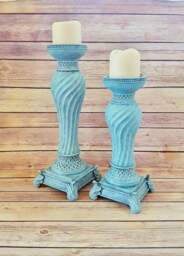 Ornate Turquoise Candlestick Holders Set Of 2, French Country Distressed Farmhouse Decor