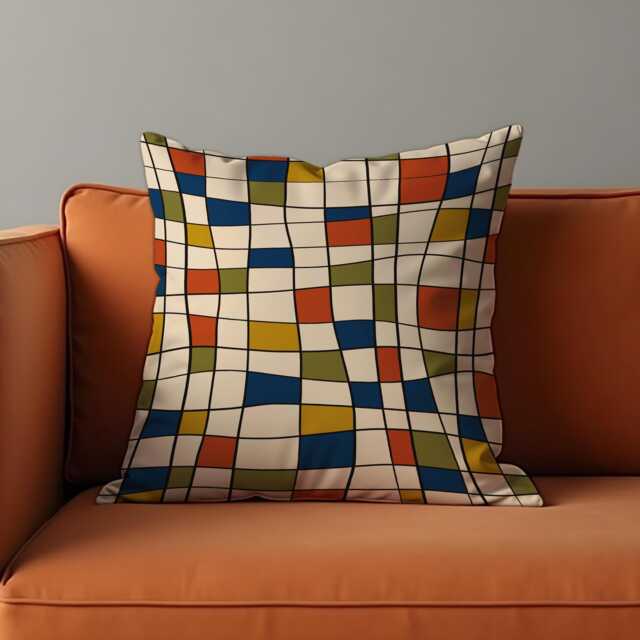 Retro Geometric Grid Cushion Cover, Mid-Century Modern Throw Pillow Wavy Squares Pattern Case, 18x18 Or Any Custom Size - image 1