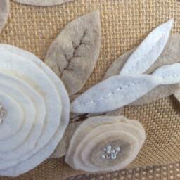 Burlap Lumbar Pillow Cover White Felt Flower Appliqu??, Sewn Leaves - thumbnail 3