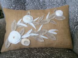 Burlap Lumbar Pillow Cover White Felt Flower Appliqu??, Sewn Leaves - thumbnail 1