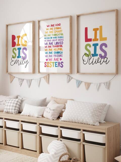 Set Of 3 Playroom Prints, Brother Sister Bedroom Big Sis Lil Bro, Bro Sis, Sibling Rainbow Wall Art - image 1