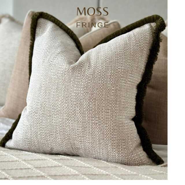 Textured Beige Cushion Cover With Customisable Moss Green Fringe Custom Size + Trim Colour - image 1