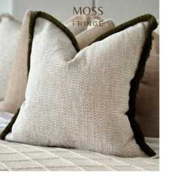 Textured Beige Cushion Cover With Customisable Moss Green Fringe Custom Size + Trim Colour