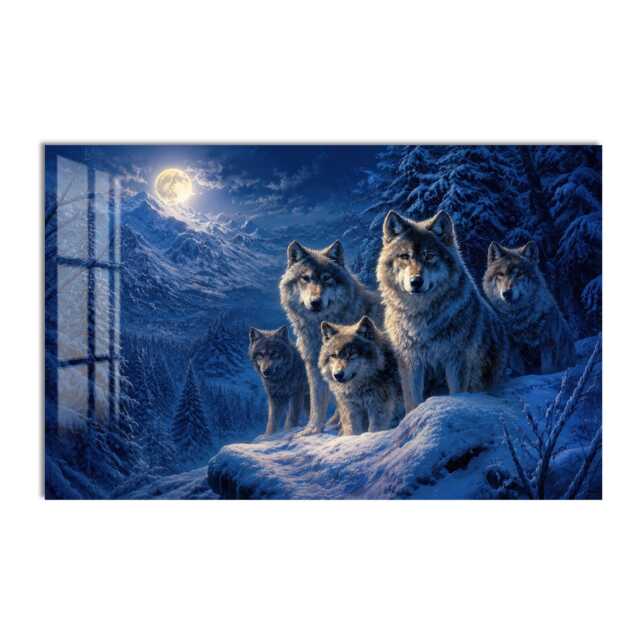 Moonlit Wolf Pack Tempered Glass Wall Art, Animal Wildlife Decor, Large Horizontal Modern Art For Living Room - image 1