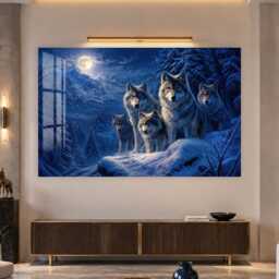 Moonlit Wolf Pack Tempered Glass Wall Art, Animal Wildlife Decor, Large Horizontal Modern Art For Living Room - thumbnail 2