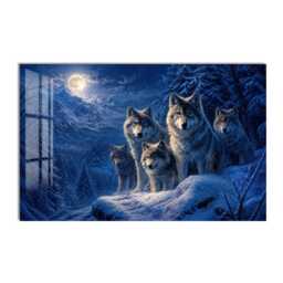 Moonlit Wolf Pack Tempered Glass Wall Art, Animal Wildlife Decor, Large Horizontal Modern Art For Living Room