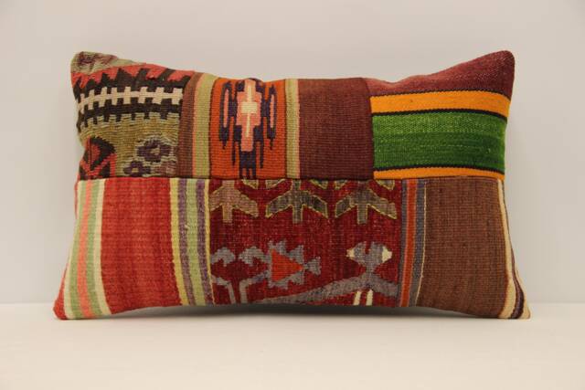 Vintage Turkish Kilim Lumbar Pillow Cover, Patchwork Wool Cushion - 12x20 In - image 1