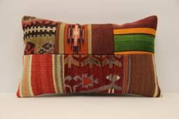 Vintage Turkish Kilim Lumbar Pillow Cover, Patchwork Wool Cushion - 12x20 In - thumbnail 1