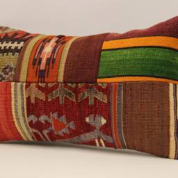 Vintage Turkish Kilim Lumbar Pillow Cover, Patchwork Wool Cushion - 12x20 In - thumbnail 3