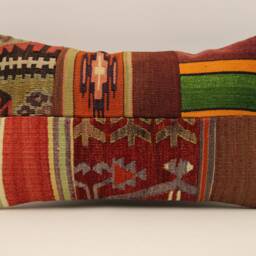 Vintage Turkish Kilim Lumbar Pillow Cover, Patchwork Wool Cushion - 12x20 In - thumbnail 2