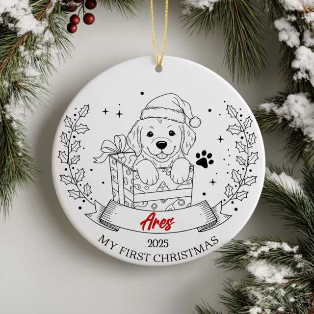 Puppy First Christmas Ornament - Personalised Dog Ceramic Decoration, Custom Name & Year Gift, Cute Pet Or Baby Keepsake 2025 - image 1