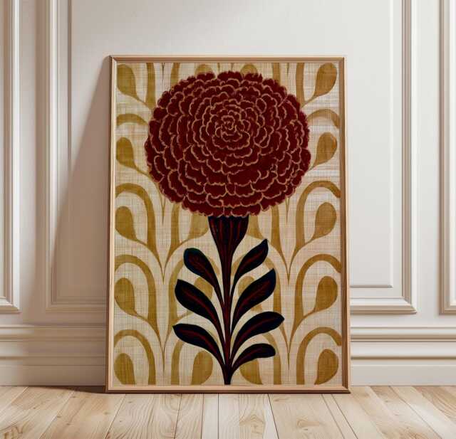Burgundy Marigold Poster, Vintage Botanical Paper Wall Art - image 1
