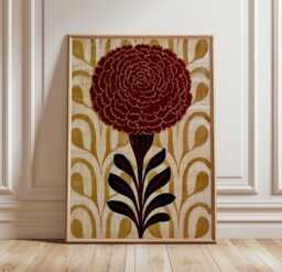 Burgundy Marigold Poster, Vintage Botanical Paper Wall Art