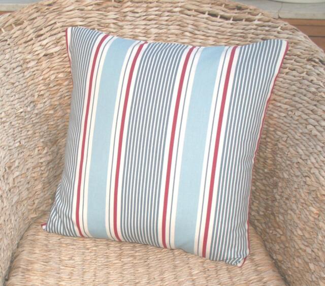 Blue White & Red Stripes Cushion Cover - Coastal Decor/Seaside Nautical Sail Stripe On Both Sides Reversible Pillow - image 1