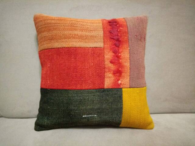 Patchwork Kilim Pillow 16 X16 Inches Multicolor Kilim Pillow Perde Cushion Handmade Wool - image 1