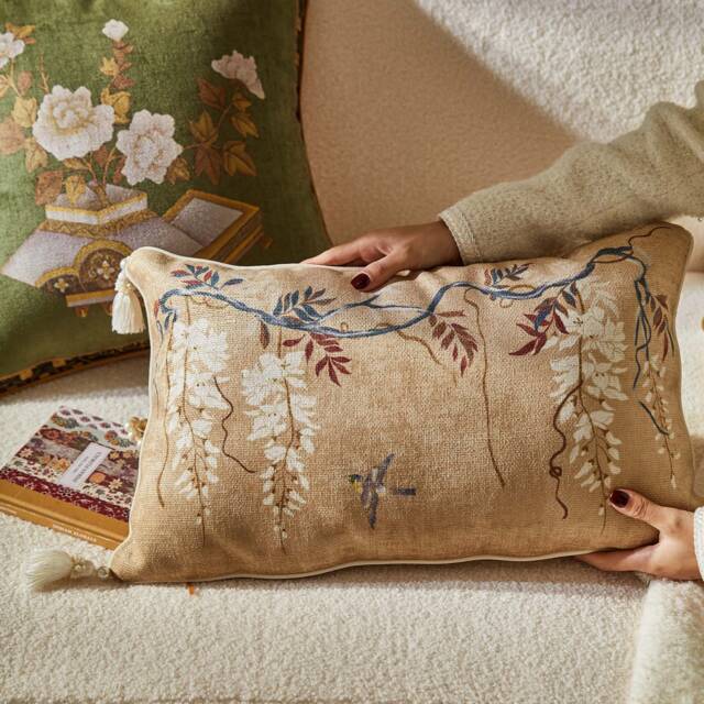 Retro Floral Bird Embroidered Pillow Cover With Tassels, Granular Fabric - image 1