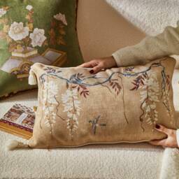 Retro Floral Bird Embroidered Pillow Cover With Tassels, Granular Fabric - thumbnail 1