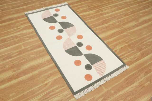 Beige & Orange Geometric Kilim Handmade Block Printed Cotton Rug Mother's Day Gift - image 1