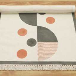 Beige & Orange Geometric Kilim Handmade Block Printed Cotton Rug Mother's Day Gift - thumbnail 3