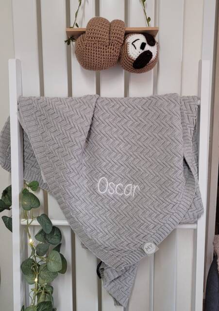 Personalised Embroidered Grey Knitted Baby Blanket New Gift Shower - image 1