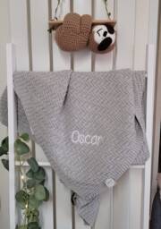 Personalised Embroidered Grey Knitted Baby Blanket New Gift Shower - thumbnail 1