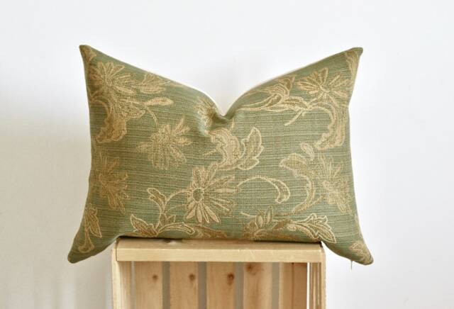 Green Lumbar Floral Pillow Nature Cover Olive & Beige Woven Jacquard Cushion 14x20 - image 1