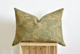 Green Lumbar Floral Pillow Nature Cover Olive & Beige Woven Jacquard Cushion 14x20