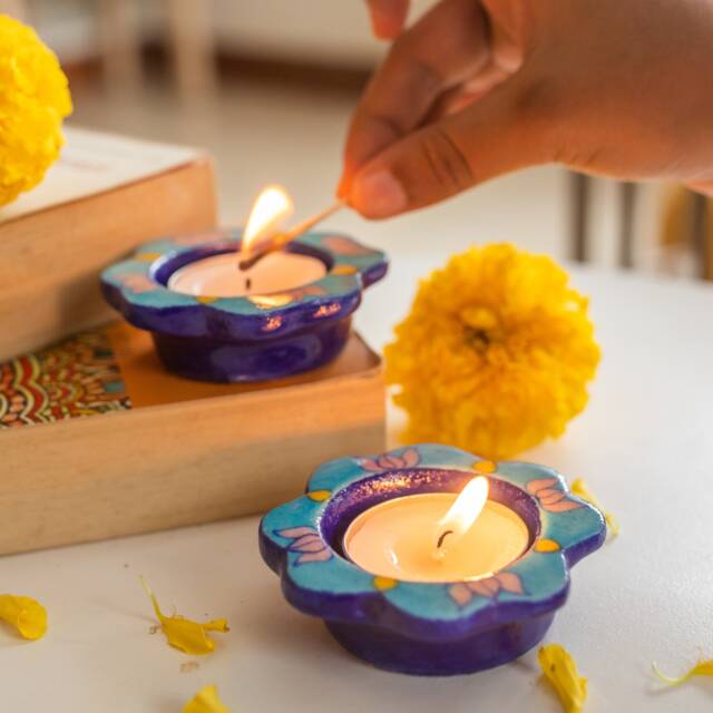 Blue Lotus Handmade Diyas Set Of 2/4/6, Candel Stand, T-Light Holder, Handcrafted Diyas, Potters in Jaipur - image 1