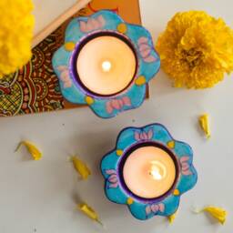 Blue Lotus Handmade Diyas Set Of 2/4/6, Candel Stand, T-Light Holder, Handcrafted Diyas, Potters in Jaipur - thumbnail 2