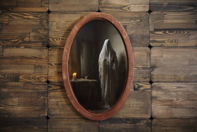 Ghost in Abandoned House Wooden Wall Plaque - Gothic Home Decor - image 1