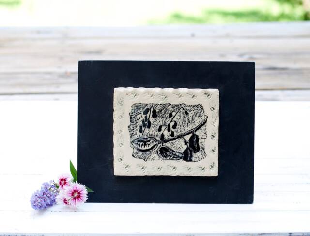 Hand Carved Wild Indigo Tile Art Sgraffito Stoneware, Framed, Tile Art, Handmade Tiles, Hand Painted Tile, Fine Art Ceramics - image 1