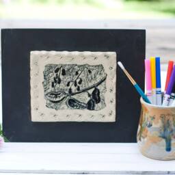 Hand Carved Wild Indigo Tile Art Sgraffito Stoneware, Framed, Tile Art, Handmade Tiles, Hand Painted Tile, Fine Art Ceramics - thumbnail 3