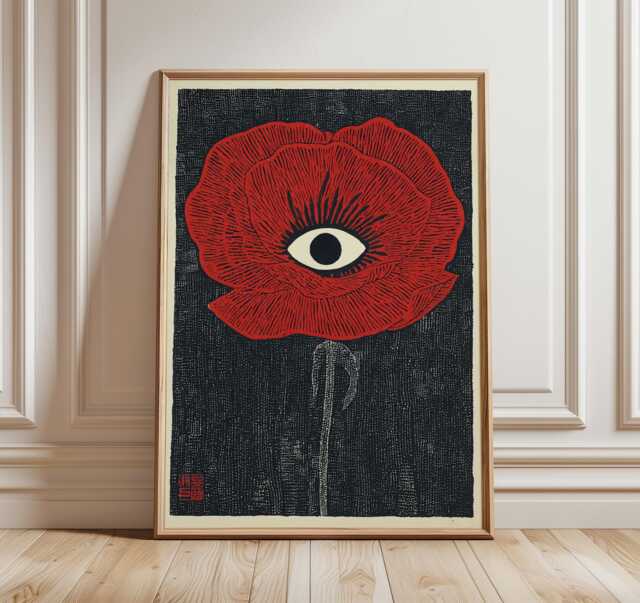 Surreal Red Poppy Art Print, Modern Eye Illustration, Abstract Botanical Poster, Contemporary Graphic Wall Art, Symbolic Home Decor - image 1