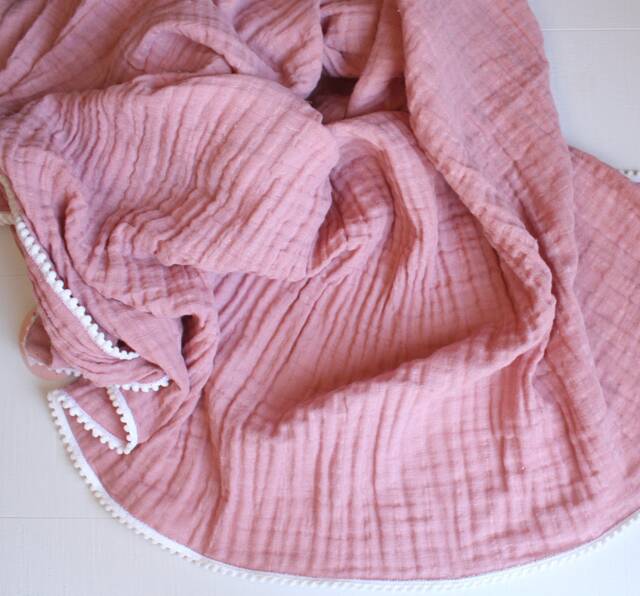Oversized Muslin Baby Blanket, Blush Swaddle Pom Trim Blanket - image 1
